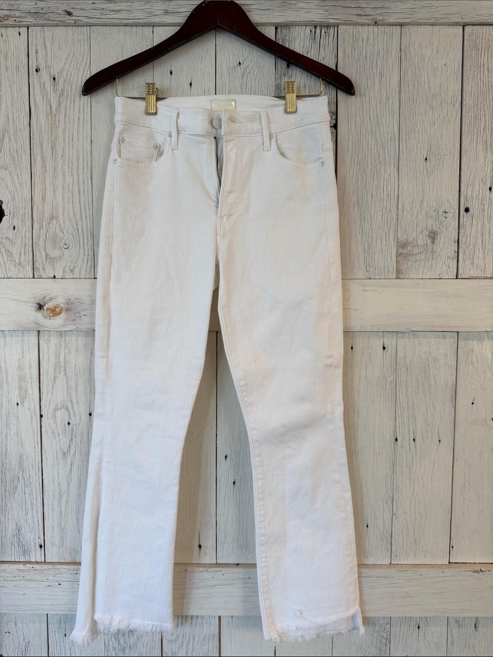 MOTHER White Flare Jeans with Frayed Hem